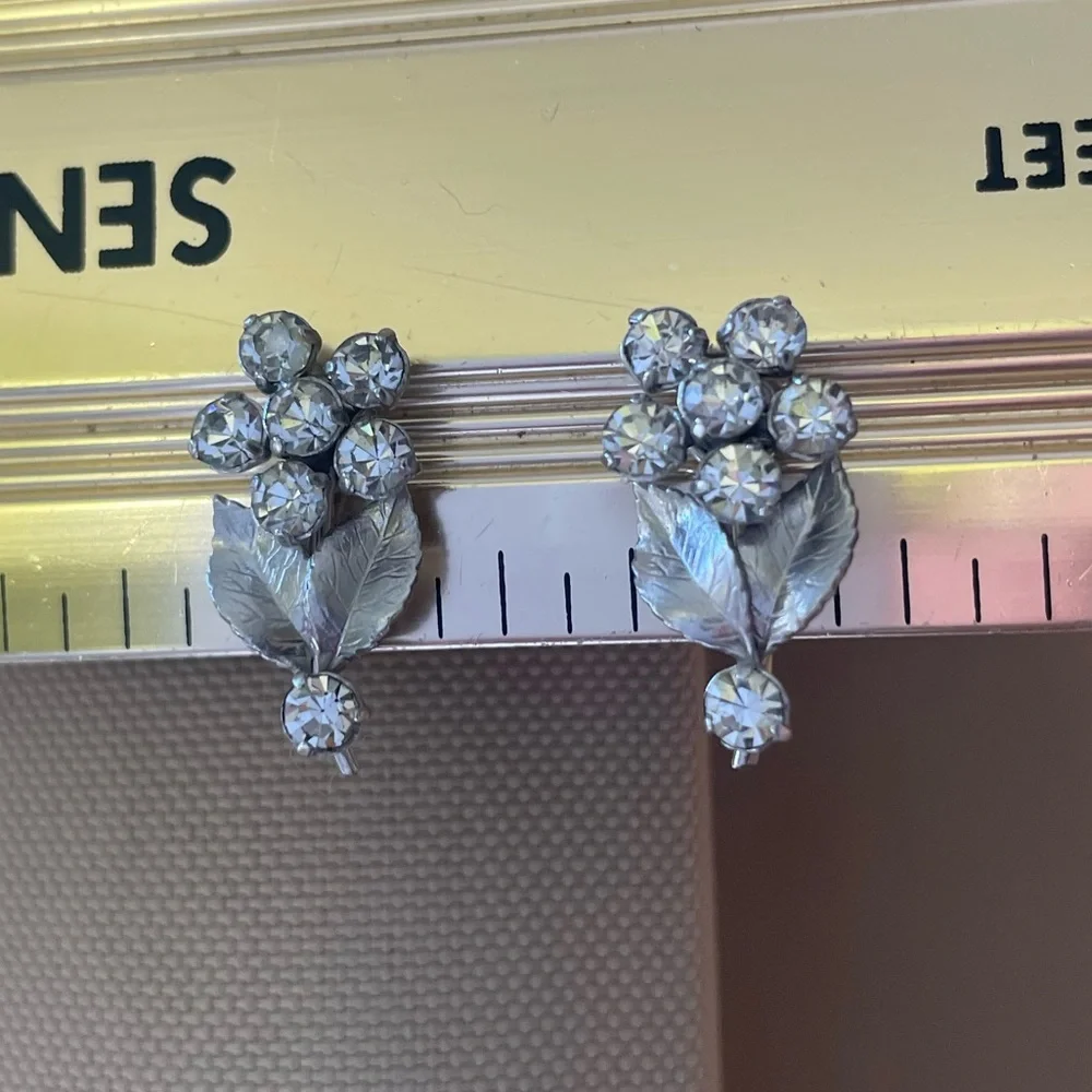 Vintage Silver Flower Crystal Clip-On Earrings
